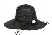 Wide Brim Straw Hat w/ Flower - Black - HT-H2271BK